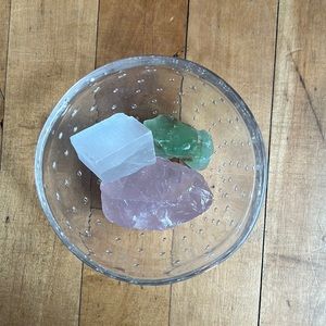 Artisan blown glass bowl and crystals